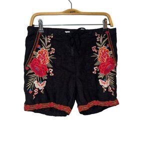 Johnny Was JW Los Angeles Black Linen Floral Embroidery Shorts Size S